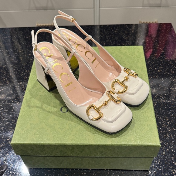 Gucci Shoes - Gucci Women's Cream and Gold Block Heels